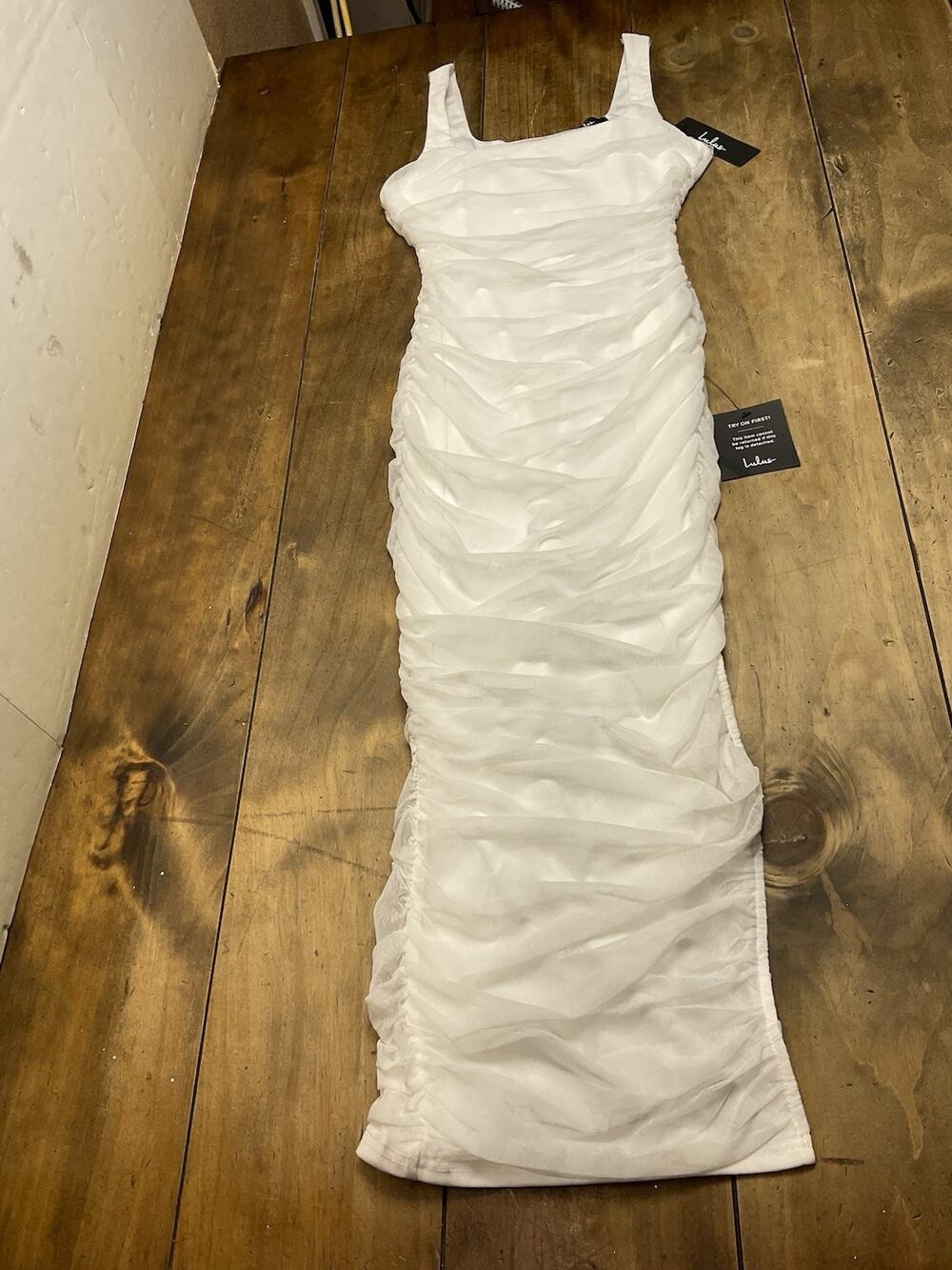 Lulus White Mesh Bodycon Dress Ruched Sleeveless Square Neck Zip Long Size XS